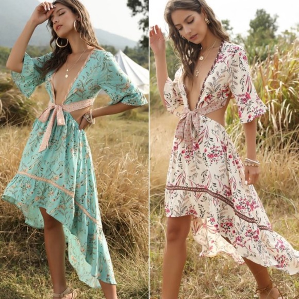 Boho Mint Cut out Butterfly Sleeve Midi Dress - Picture 2 of 9